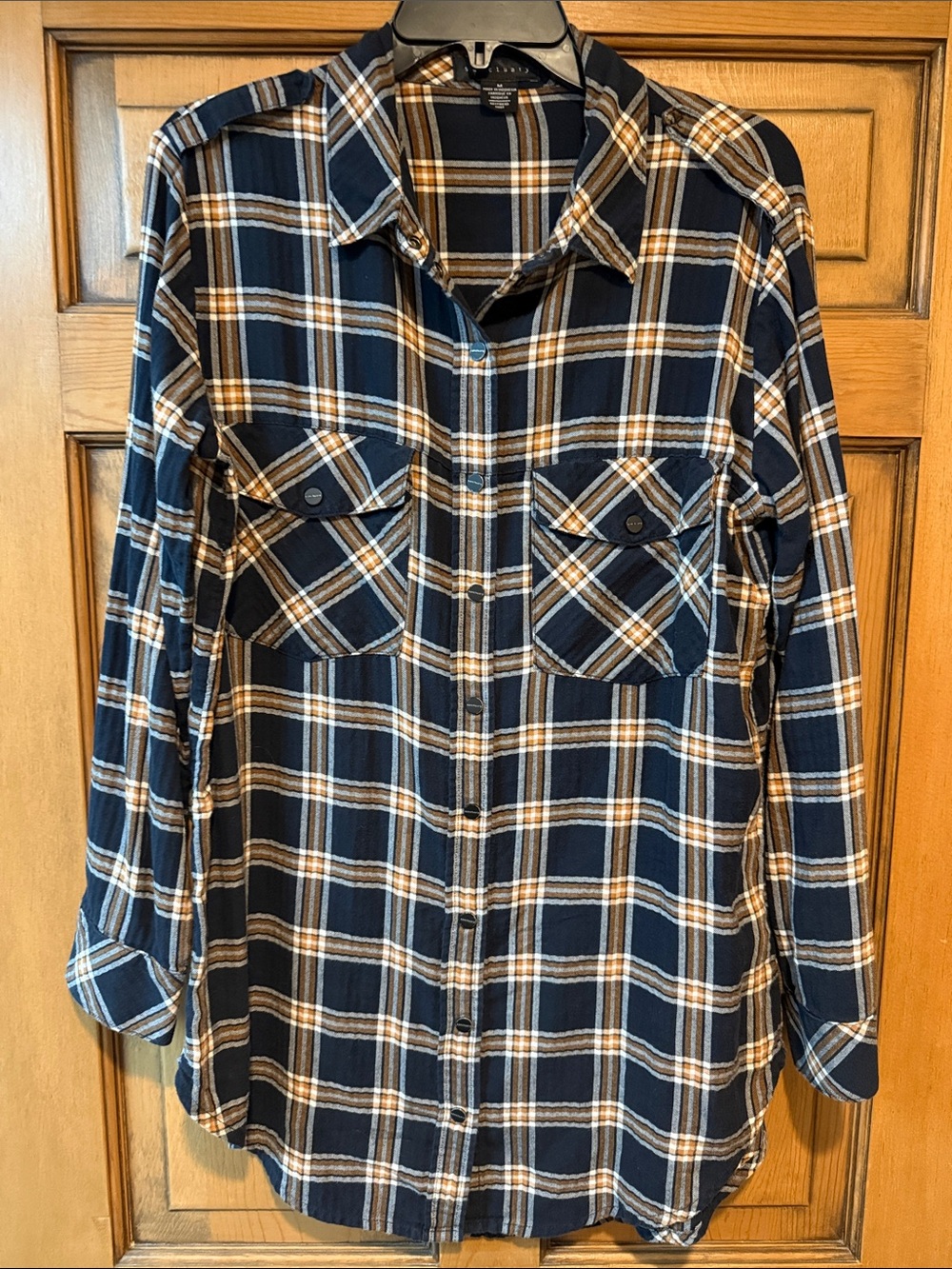Sanctuary Black Plaid Shirt with Tan and White Stripes